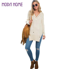 Off White Women Knitted Sweater And Pullover Drawstring Neck Jumper Split Long Sleeve Lace Up Sweater Loose Long Top Pull Femme