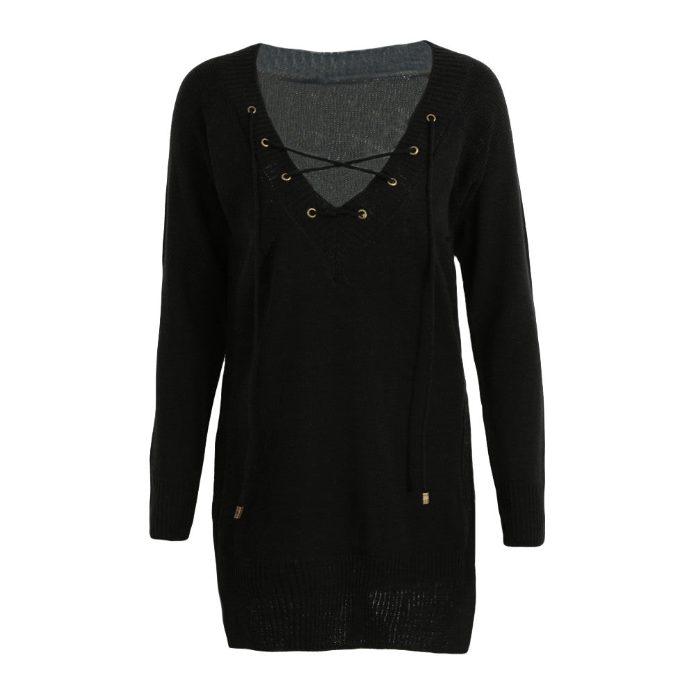 Off White Women Knitted Sweater And Pullover Drawstring Neck Jumper Split Long Sleeve Lace Up Sweater Loose Long Top Pull Femme
