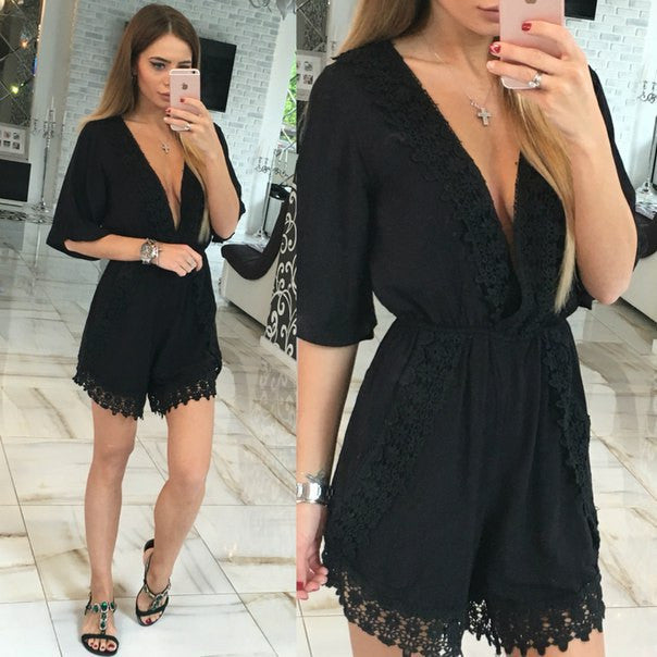 Plunging V-Neck Jumpsuits Rompers Shorts Women Lace Playsuits Casual Loose Plus Size Overalls Lace Playsuits GV239