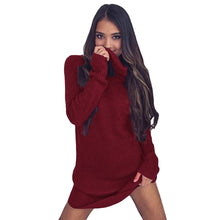 Plus Size Fashion Women Knitted Dress Solid Turtleneck Sweater Dress Long Sleeve Casual Party Mini Dress Long Ladies Pullover