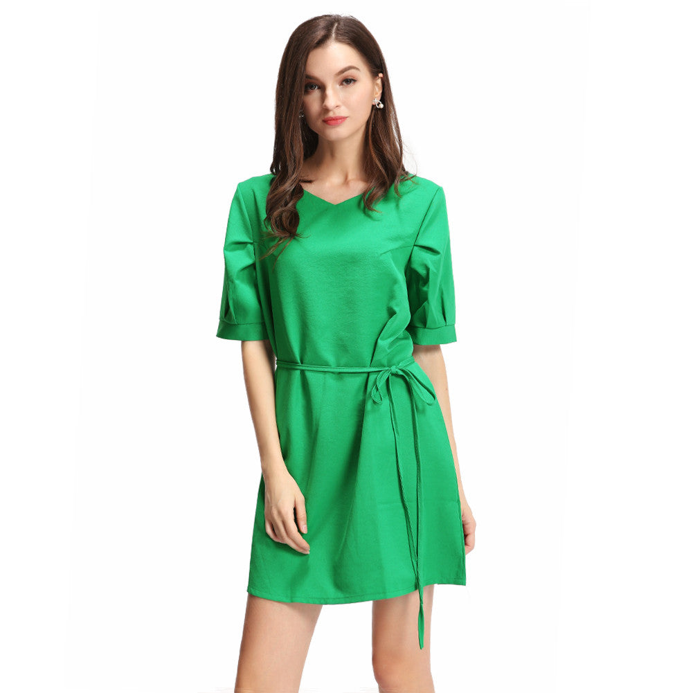 Plus Size Women Elegant Dress Solidcolor V Neck Party Dresses Half Sleeve Strap OL Casual Mini Dress Green / Watermelon Red