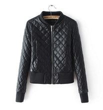 Retro Faux Leather Quilting Bomber Quilted Jacket Women V neck Long sleeve Short Parka Coat Outwear Overcoat Femme