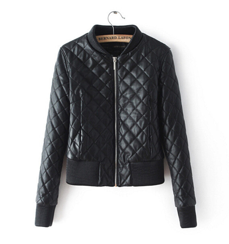 Retro Faux Leather Quilting Bomber Quilted Jacket Women V neck Long sleeve Short Parka Coat Outwear Overcoat Femme