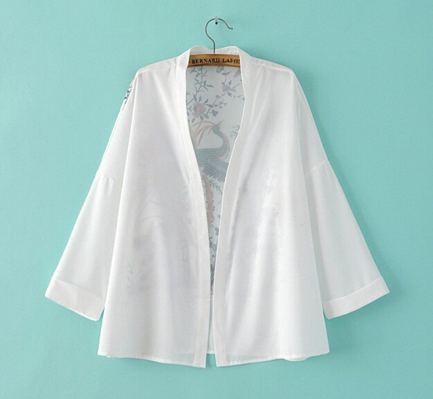 Retro Floral Animal Peacock Print Crop Sleeve Chiffon Kimono Shirt Women Long Bat sleeve White Cardigan Blouse Tops