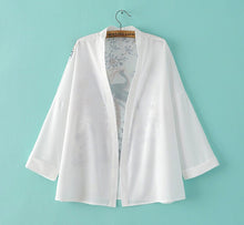 Retro Floral Animal Peacock Print Crop Sleeve Chiffon Kimono Shirt Women Long Bat sleeve White Cardigan Blouse Tops
