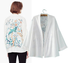 Retro Floral Animal Peacock Print Crop Sleeve Chiffon Kimono Shirt Women Long Bat sleeve White Cardigan Blouse Tops