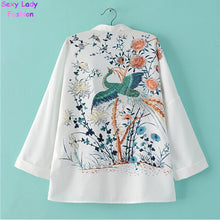 Retro Floral Animal Peacock Print Crop Sleeve Chiffon Kimono Shirt Women Long Bat sleeve White Cardigan Blouse Tops
