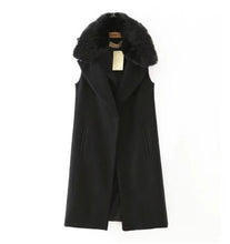 Retro Removable Faux Fur Wool blend Mid Long Vest Women Notched Sleeveless Suit Loose Gilet Waistcoat Tops Black