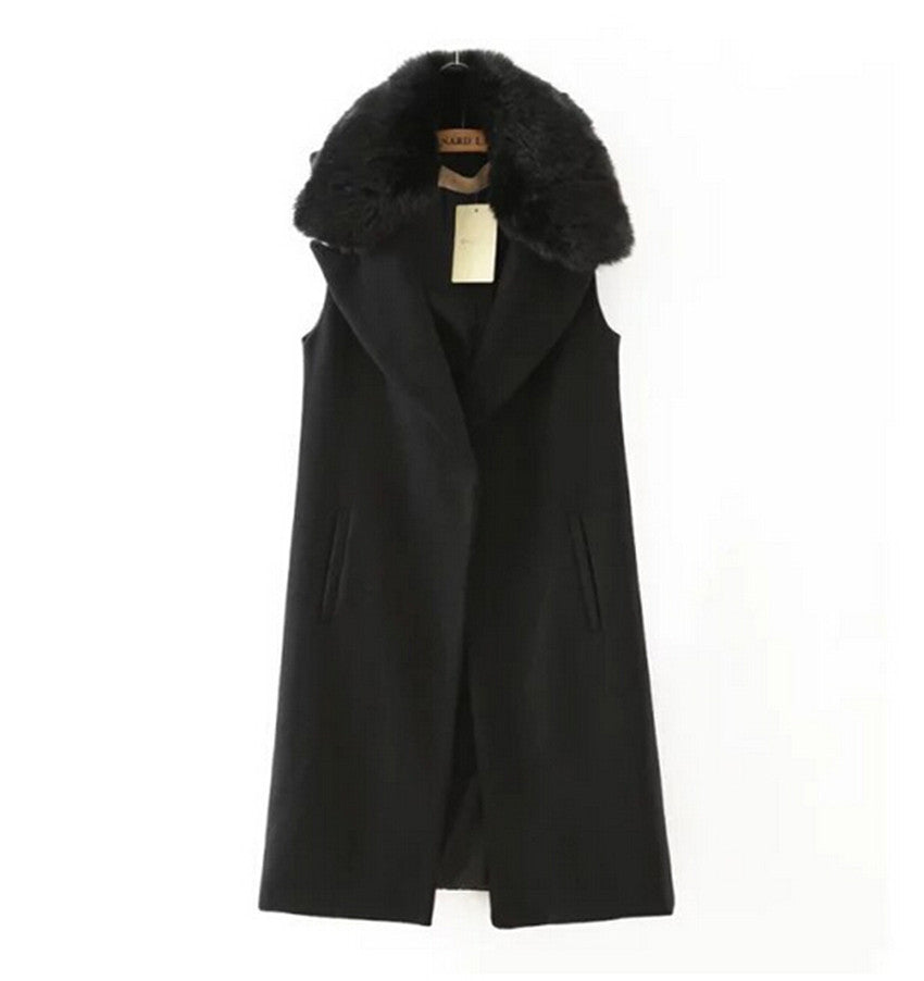 Retro Removable Faux Fur Wool blend Mid Long Vest Women Notched Sleeveless Suit Loose Gilet Waistcoat Tops Black