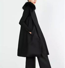 Retro Removable Faux Fur Wool blend Mid Long Vest Women Notched Sleeveless Suit Loose Gilet Waistcoat Tops Black