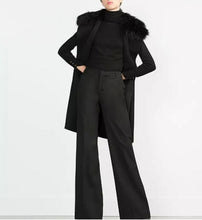 Retro Removable Faux Fur Wool blend Mid Long Vest Women Notched Sleeveless Suit Loose Gilet Waistcoat Tops Black