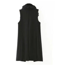 Retro Removable Faux Fur Wool blend Mid Long Vest Women Notched Sleeveless Suit Loose Gilet Waistcoat Tops Black
