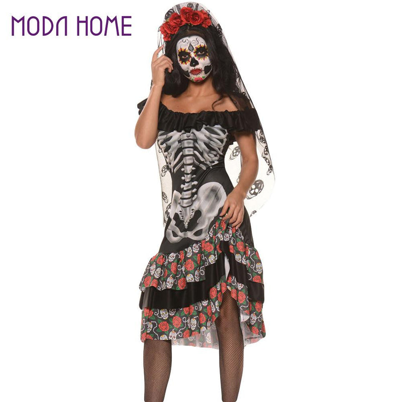 Scary Women 2pcs Set Skeleton Halloween Costume Black Dress Slash Neck – Yo  La La