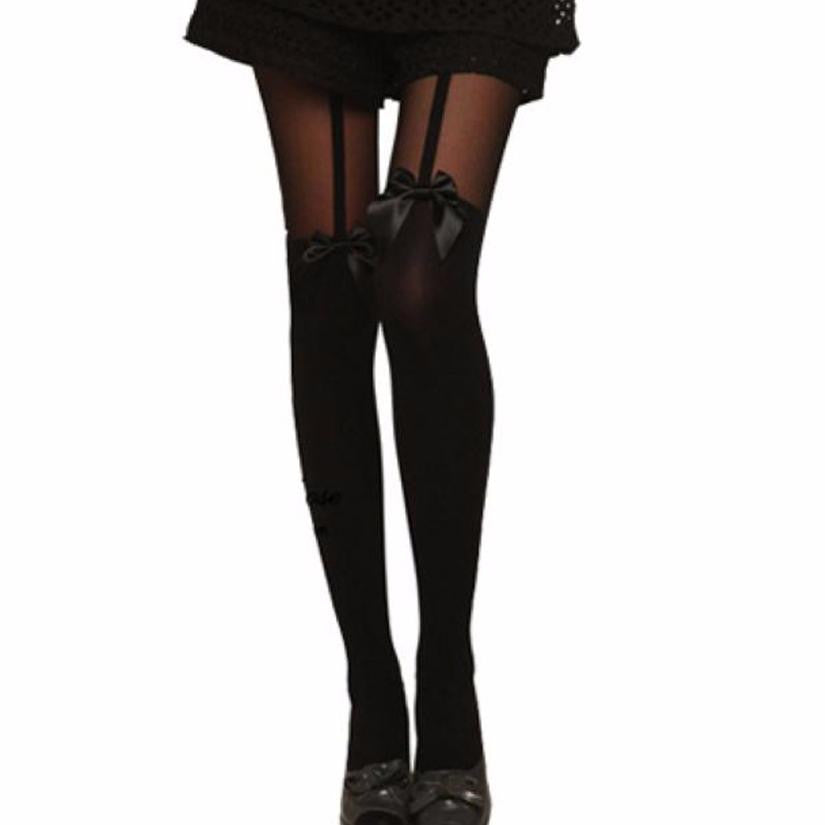 Women Clothing Vintage Tights Bow Pantyhose Tattoo Mock Bow Suspender Sheer Stockings