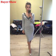 Sexy Bodycon Dress Deep V Knitted Dress Women Long Sleeve Slim Casual Dress Elegant Midi Pencil Party Dresses Plus Size
