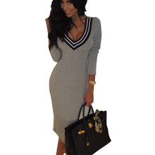 Sexy Bodycon Dress Deep V Knitted Dress Women Long Sleeve Slim Casual Dress Elegant Midi Pencil Party Dresses Plus Size