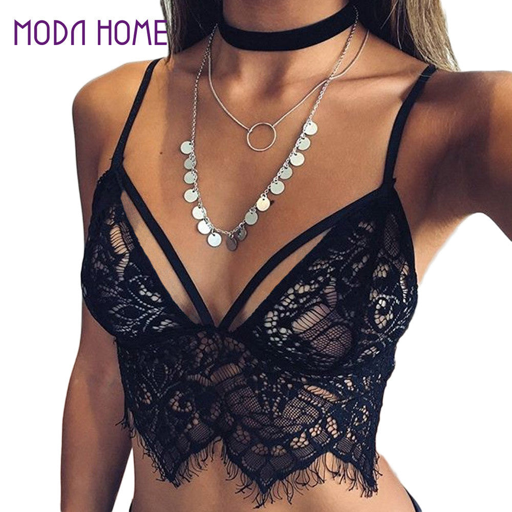 Sexy Bra Sheer Lace Women Crop Tops Mesh Tassel Hollow Out Adjustable Strap Bralette Unlined Cup Unpadded Bra Beachwear