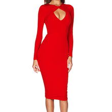 Sexy Club Women Midi Dress Solid Cut Out V-Neck Long Sleeve Bodycon Bandage Dress Club Party Red/Black Dress Fashion