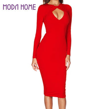 Sexy Club Women Midi Dress Solid Cut Out V-Neck Long Sleeve Bodycon Bandage Dress Club Party Red/Black Dress Fashion