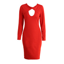 Sexy Club Women Midi Dress Solid Cut Out V-Neck Long Sleeve Bodycon Bandage Dress Club Party Red/Black Dress Fashion