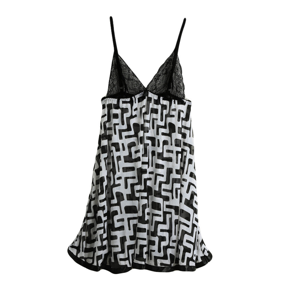 Sexy Lingerie Babydoll Dress Women Nightwear Print Lace Sheer Mesh Spaghetti Strap Backless Sleepwear Nightgown With G-string