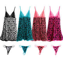Sexy Lingerie Babydoll Dress Women Nightwear Print Lace Sheer Mesh Spaghetti Strap Backless Sleepwear Nightgown With G-string