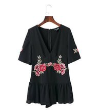 Sexy Red Rose Flower Appliques Embroidery Jumpsuit Woman V neck Short sleeve Short Pants Romper Overalls Black