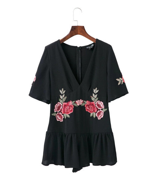 Sexy Red Rose Flower Appliques Embroidery Jumpsuit Woman V neck Short sleeve Short Pants Romper Overalls Black