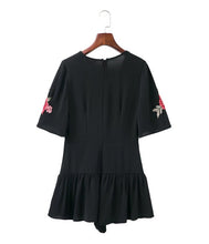 Sexy Red Rose Flower Appliques Embroidery Jumpsuit Woman V neck Short sleeve Short Pants Romper Overalls Black