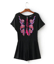 Sexy Tassel Lacing up o neck Embroidery Jumpsuit Women Short sleeve Elastic Waist Short Pants Romper Overalls Black