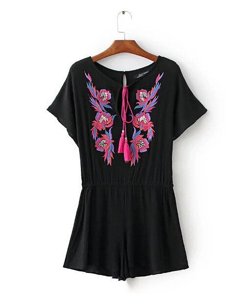 Sexy Tassel Lacing up o neck Embroidery Jumpsuit Women Short sleeve Elastic Waist Short Pants Romper Overalls Black