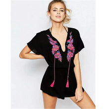Sexy Tassel Lacing up o neck Embroidery Jumpsuit Women Short sleeve Elastic Waist Short Pants Romper Overalls Black