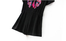 Sexy Tassel Lacing up o neck Embroidery Jumpsuit Women Short sleeve Elastic Waist Short Pants Romper Overalls Black