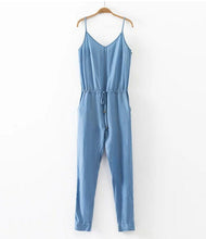 Sexy V neck Thin Denim Jumpsuit Back Elastic Sling Slim fit Full length Rompers Playsuits Overalls blue