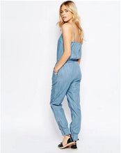 Sexy V neck Thin Denim Jumpsuit Back Elastic Sling Slim fit Full length Rompers Playsuits Overalls blue