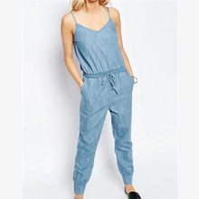 Sexy V neck Thin Denim Jumpsuit Back Elastic Sling Slim fit Full length Rompers Playsuits Overalls blue
