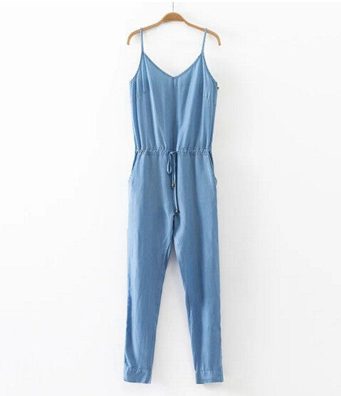 Sexy V neck Thin Denim Jumpsuit Back Elastic Sling Slim fit Full length Rompers Playsuits Overalls blue