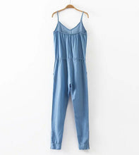 Sexy V neck Thin Denim Jumpsuit Back Elastic Sling Slim fit Full length Rompers Playsuits Overalls blue
