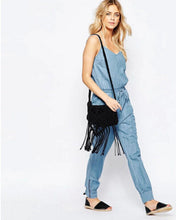 Sexy V neck Thin Denim Jumpsuit Back Elastic Sling Slim fit Full length Rompers Playsuits Overalls blue