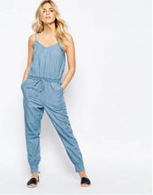 Sexy V neck Thin Denim Jumpsuit Back Elastic Sling Slim fit Full length Rompers Playsuits Overalls blue