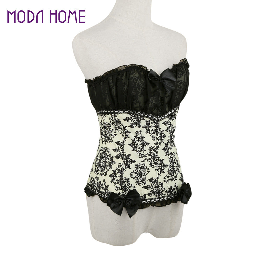 Sexy Women Corset Waist Cincher Print Mesh Patchwork Bowknot Lace Up Zipper Back Strapless Lace Tops Corset Overbust
