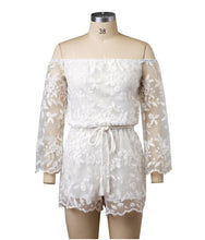 Sexy off shoulder organza Embroidery Jumpsuit Women Slash neck Long Sleeve Short Pants Romper Overalls White Black