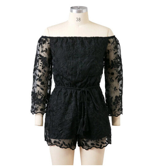 Sexy off shoulder organza Embroidery Jumpsuit Women Slash neck Long Sleeve Short Pants Romper Overalls White Black