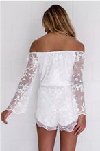 Sexy off shoulder organza Embroidery Jumpsuit Women Slash neck Long Sleeve Short Pants Romper Overalls White Black