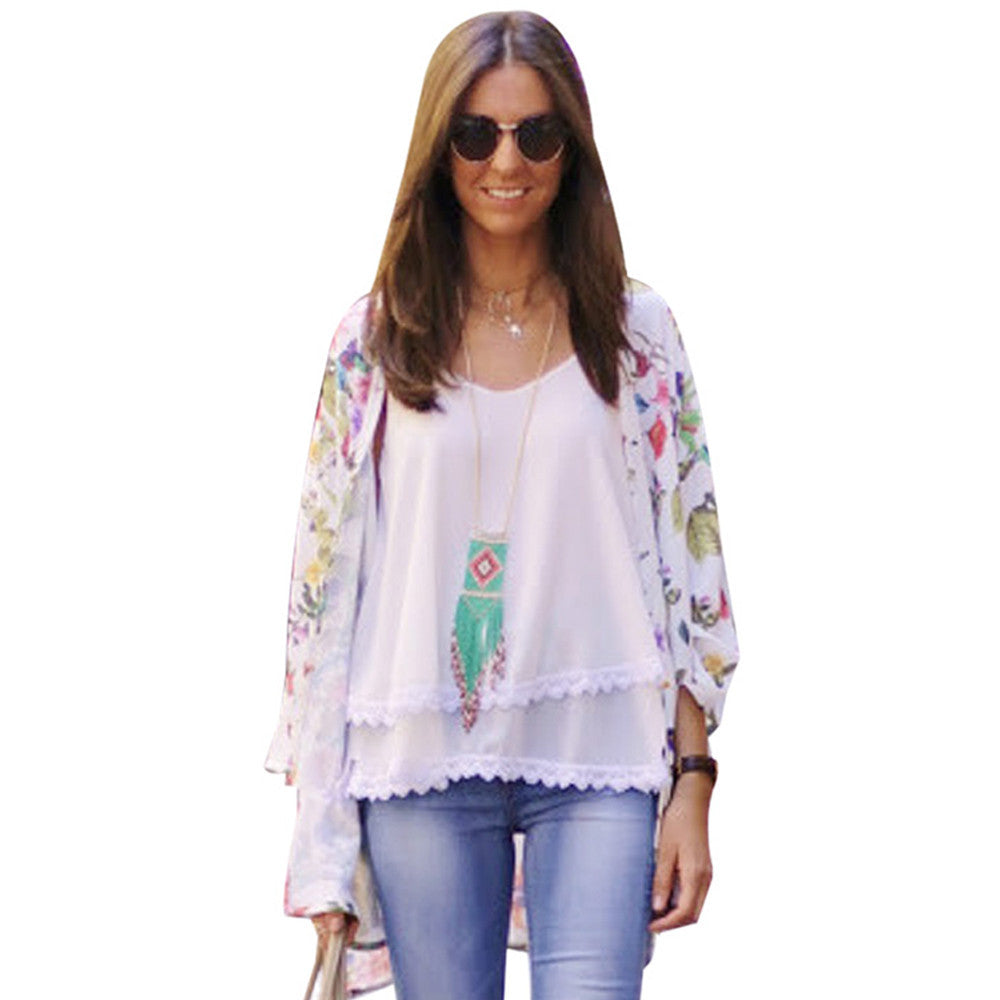 Spain Women chiffon kimono cardigan Regular Floral print blouse/mujer ropa camisas femininas