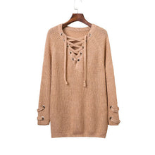 Lacing Up Women Sweaters And Pullovers Knitting Pull Femme Casual V Neck Loose Pullover Sweater Sueter Mujer