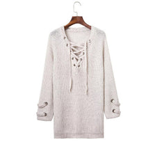 Lacing Up Women Sweaters And Pullovers Knitting Pull Femme Casual V Neck Loose Pullover Sweater Sueter Mujer