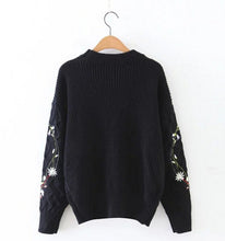 Stylish Colored Floral Embroidery Sweater Women O neck Striped Line Knitwear Jumper Pullover kleding jerseis femme Black