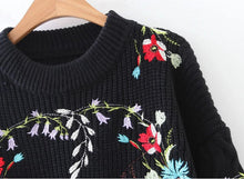 Stylish Colored Floral Embroidery Sweater Women O neck Striped Line Knitwear Jumper Pullover kleding jerseis femme Black