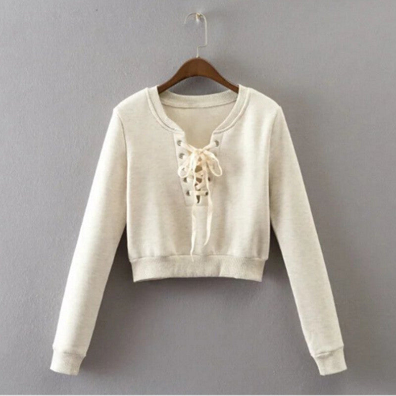 Stylish Metal Hole Lacing up V neck Strappy Sweatshirt Woman Short Pullover Hoodies Casual Jumper Sweats Tops Beige